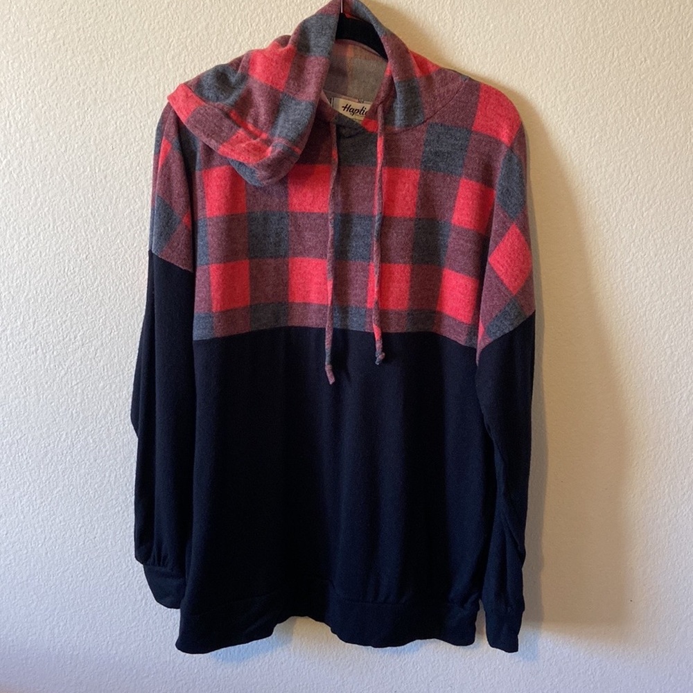 NEW Cashmere Feel Plaid Colorblock Long-sleeve Pullover with Hoodie